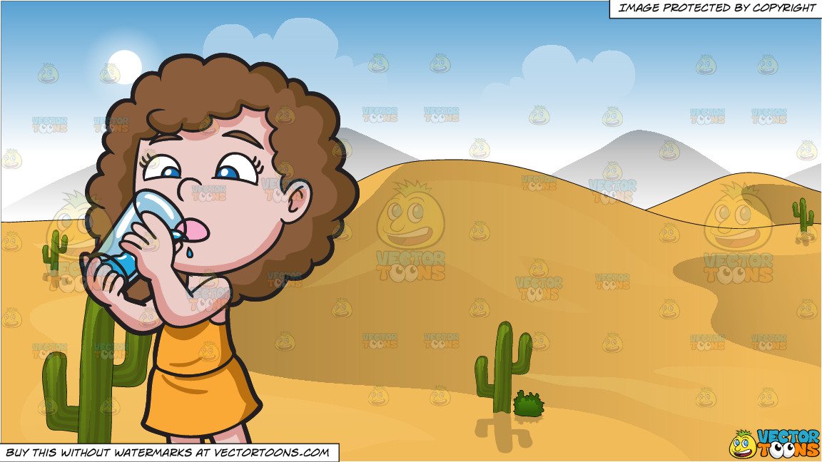A Thirsty Girl Drinking Water From A Glass and Sand Dunes In The Desert  Background