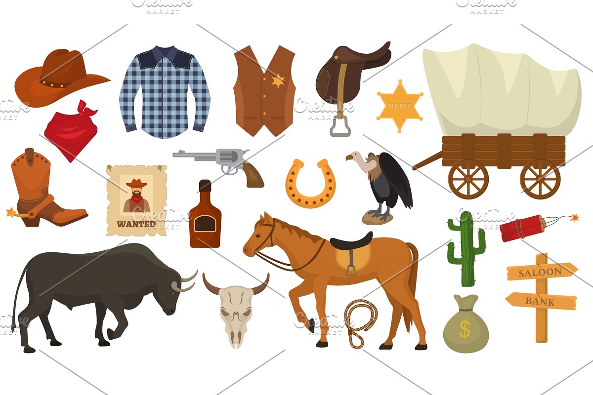 Wild west vector western cowboy or sheriff signs hat or horseshoe in  wildlife desert with cactus illustration wildly horse character for rodeo  set