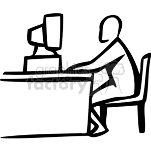 Black and White Person Sitting at a Desk Working on a Computer clipart