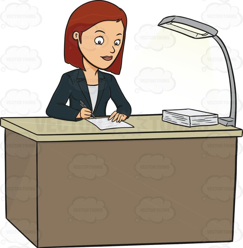 Brunette Woman Sitting At Her Desk Writing On A Piece Of