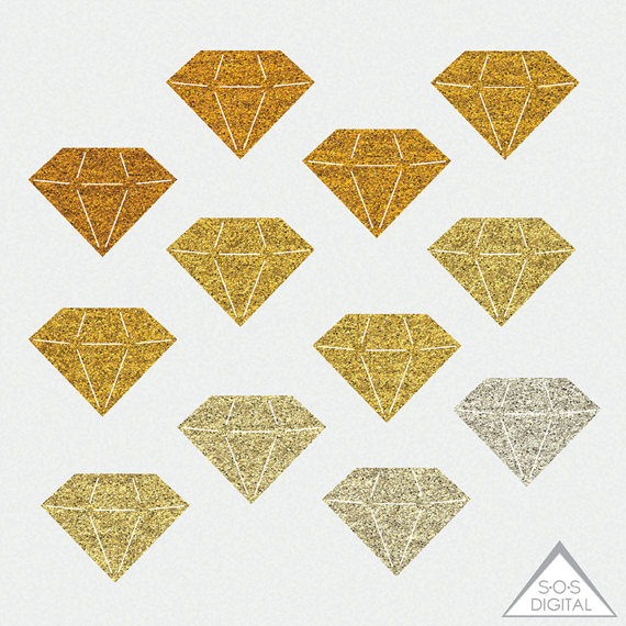 Gold Glitter Diamond Clipart, Gemstone Clipart, Rhinestone
