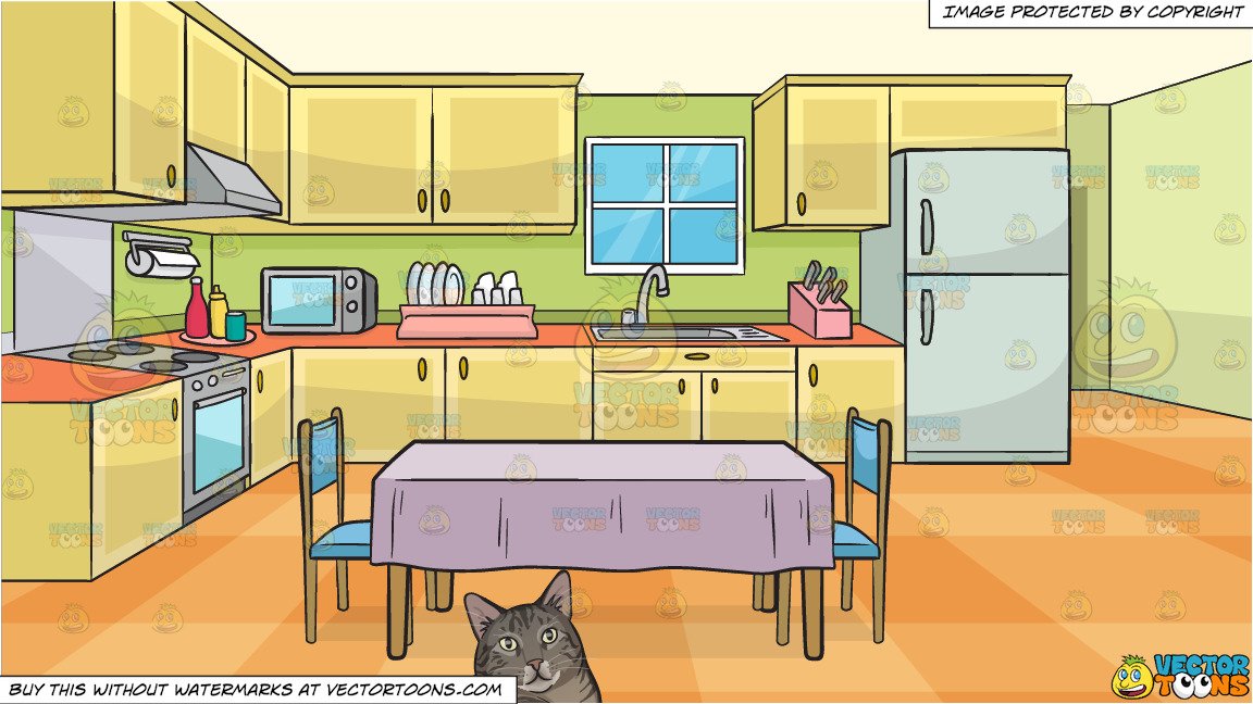 A chubby cat lying down and A Family Kitchen With A Dining Table And Two  Chairs Background