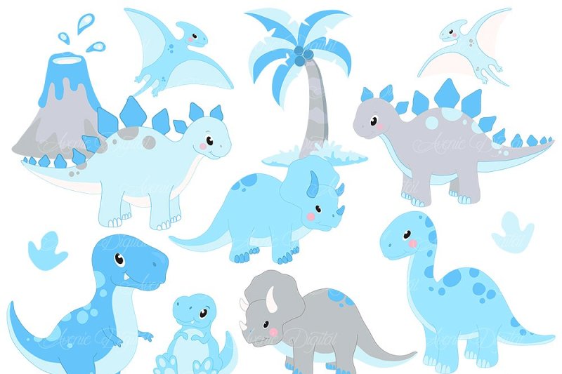 Cute Blue Baby Dinosaur Clipart By AvenieDigital
