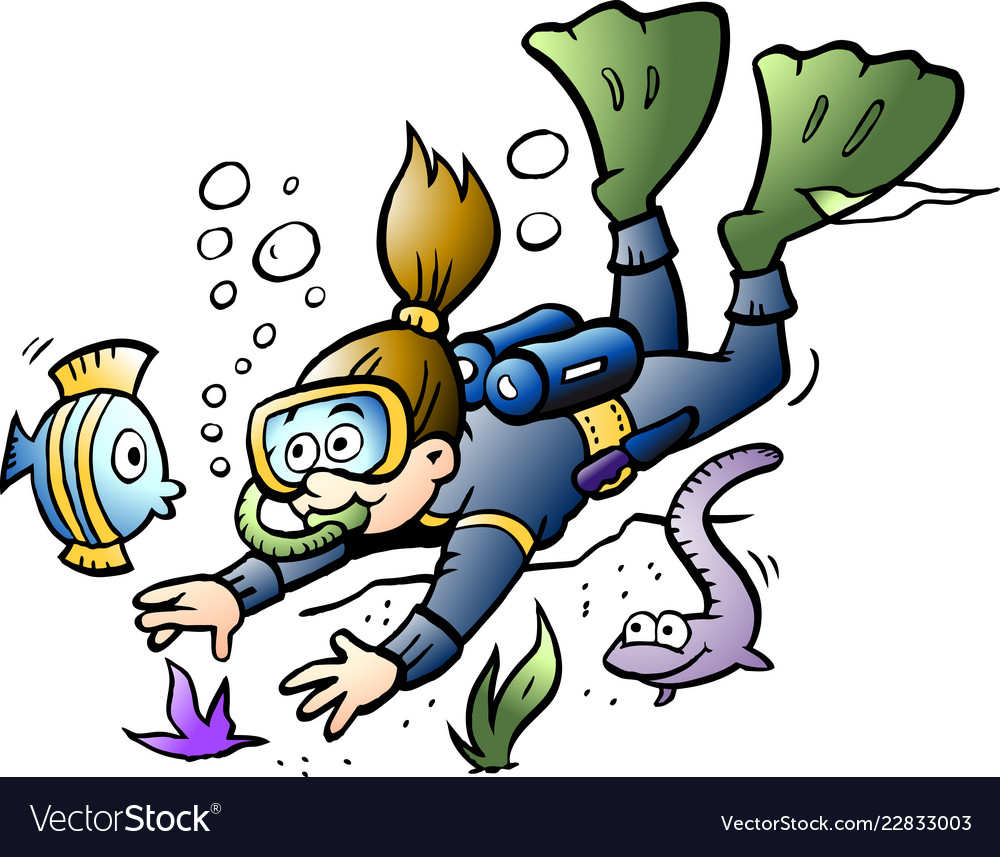 Cartoon of a diver looking at colorful fish