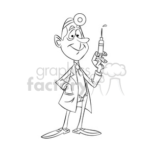 Doug the cartoon doctor holding a hypodermic needle black white clipart
