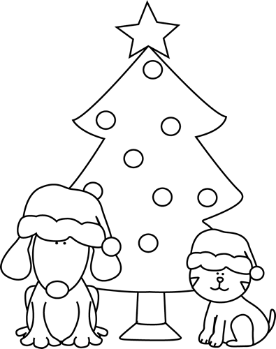 Black and White Christmas Dog, Cat, and Tree Clip Art