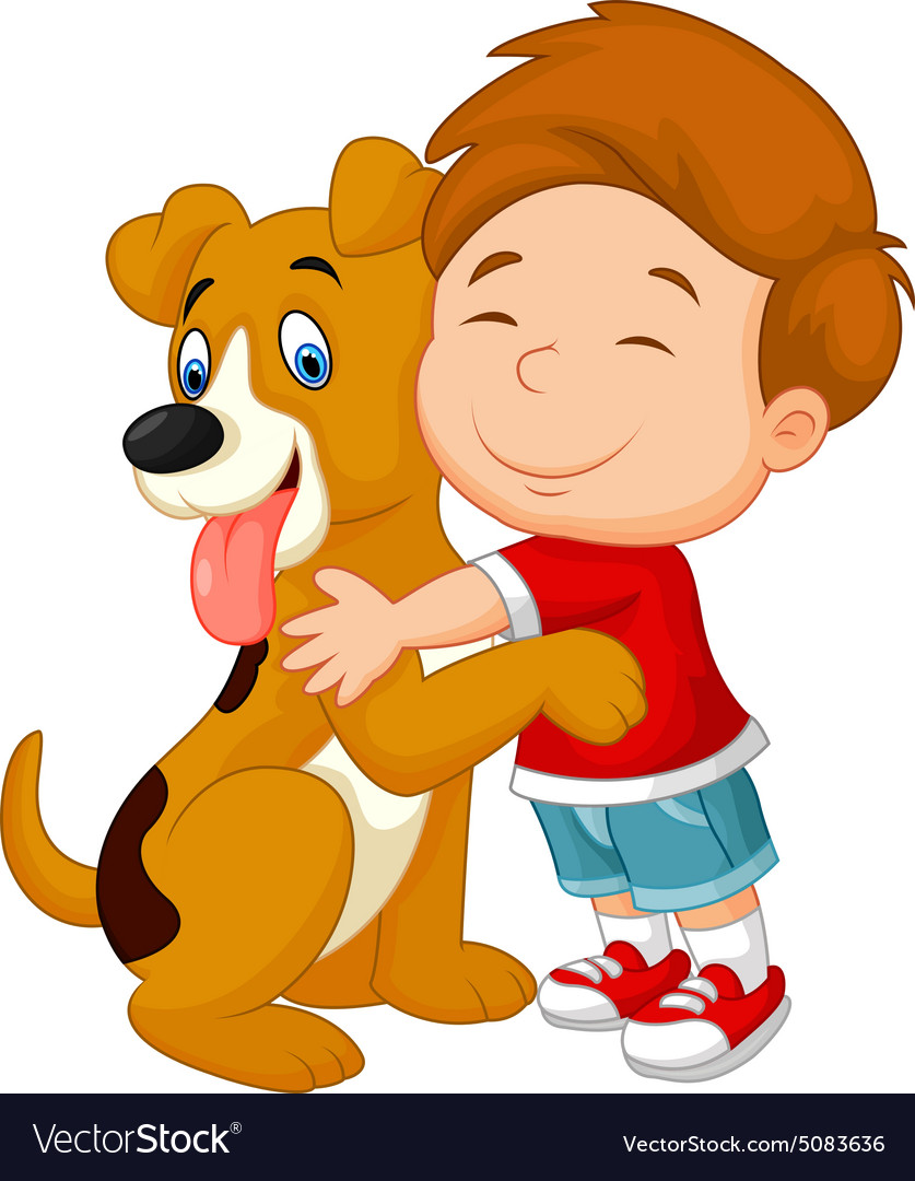 Happy young boy lovingly hugging his pet dog