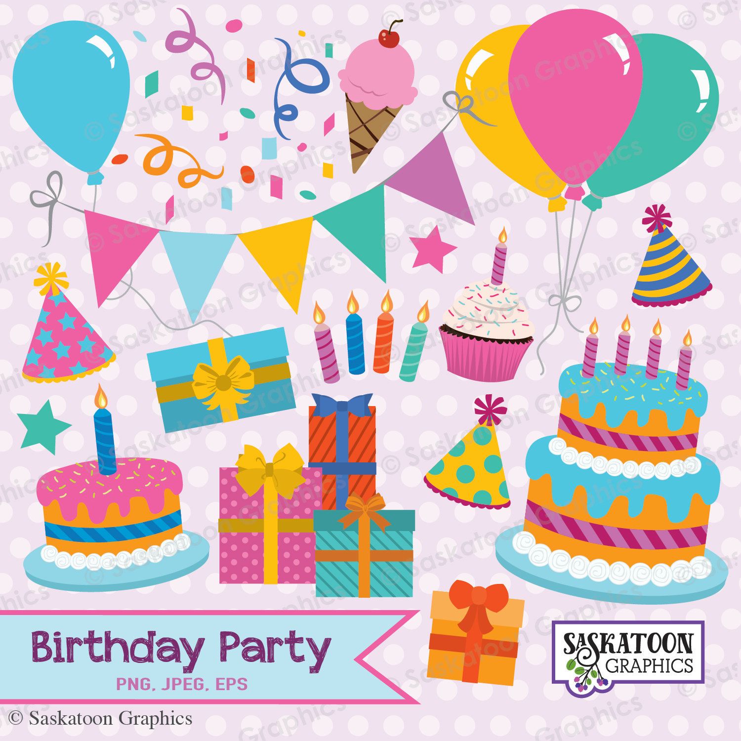 Colorful Birthday Party Clipart Instant Download File
