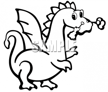 Black and White Clipart Picture of a Cute Dragon