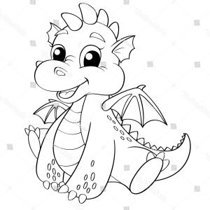 Cute Cartoon Dragon Black White Vector