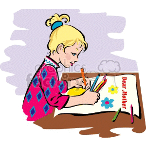 Little blond girl drawing a card to her mother clipart