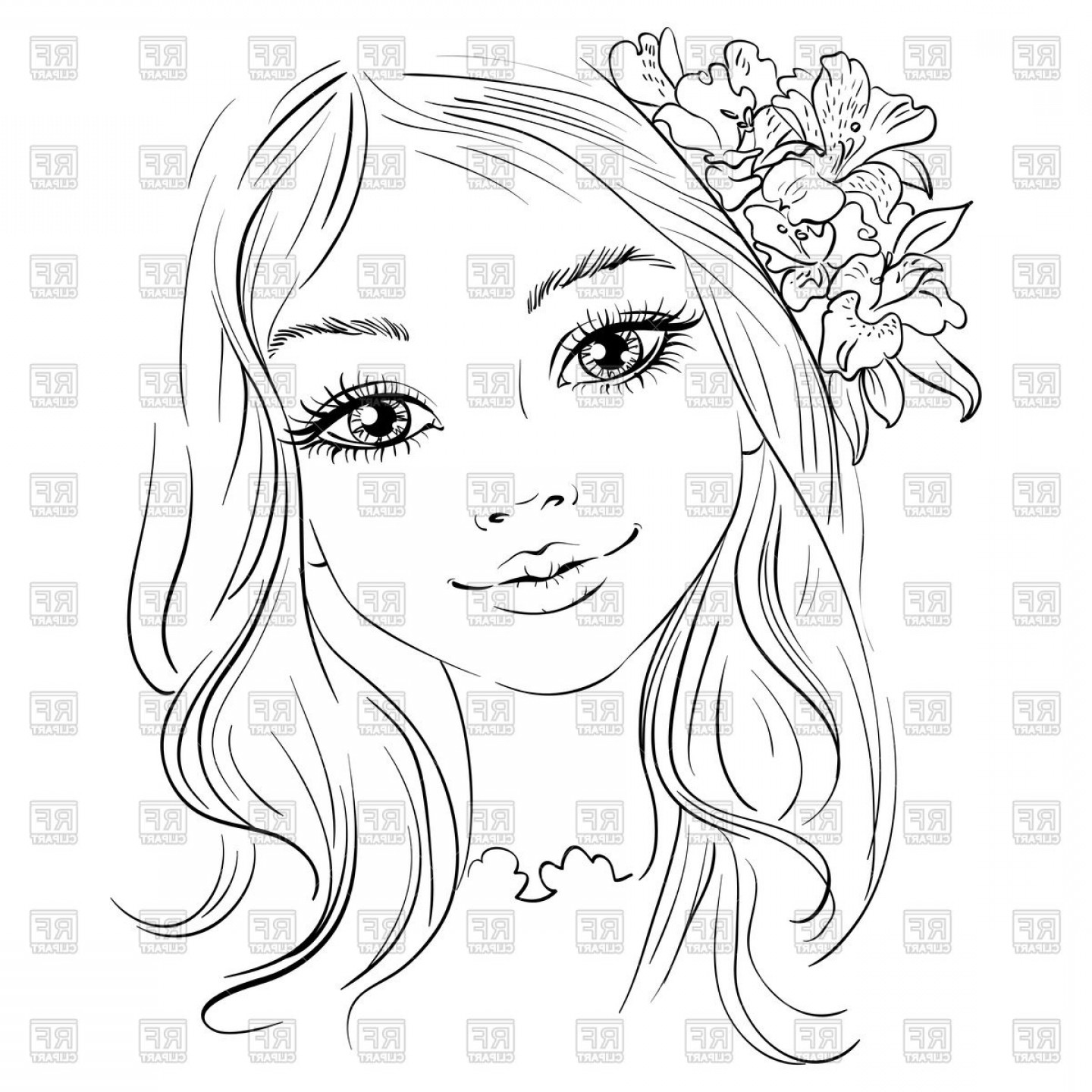 Hand Drawn Beautiful Girl With Flower In Hair Vector Clipart
