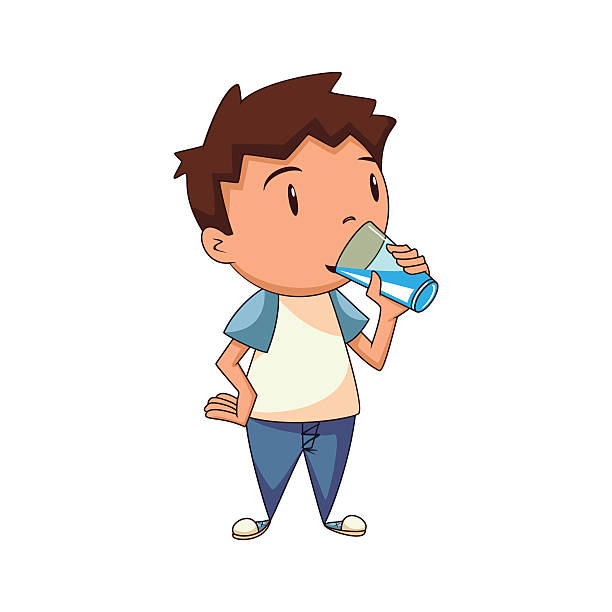 Child drinking water, cartoon character, isolated, white