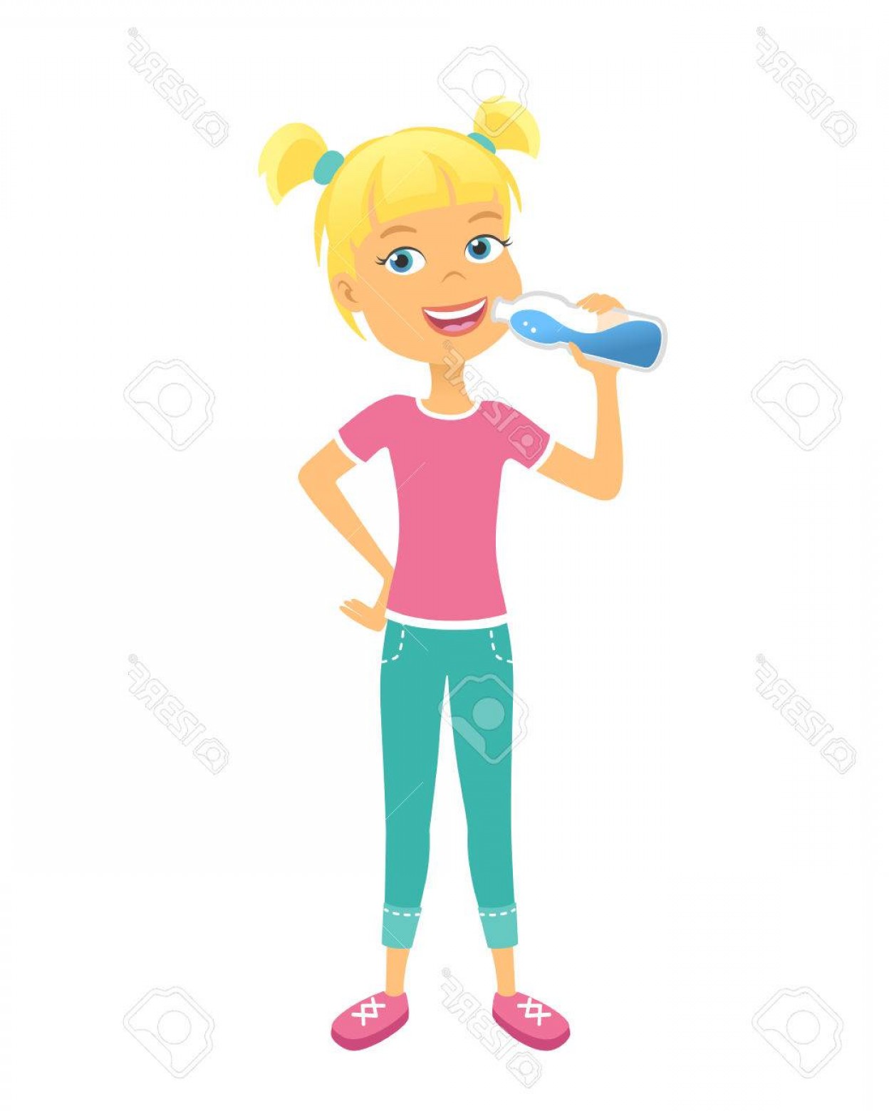 Cartoon Kids Drinking Water Cute Boy Girl Vector Clip Art