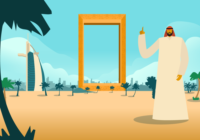 Man Standing In Dubai View Vector Background Illustration