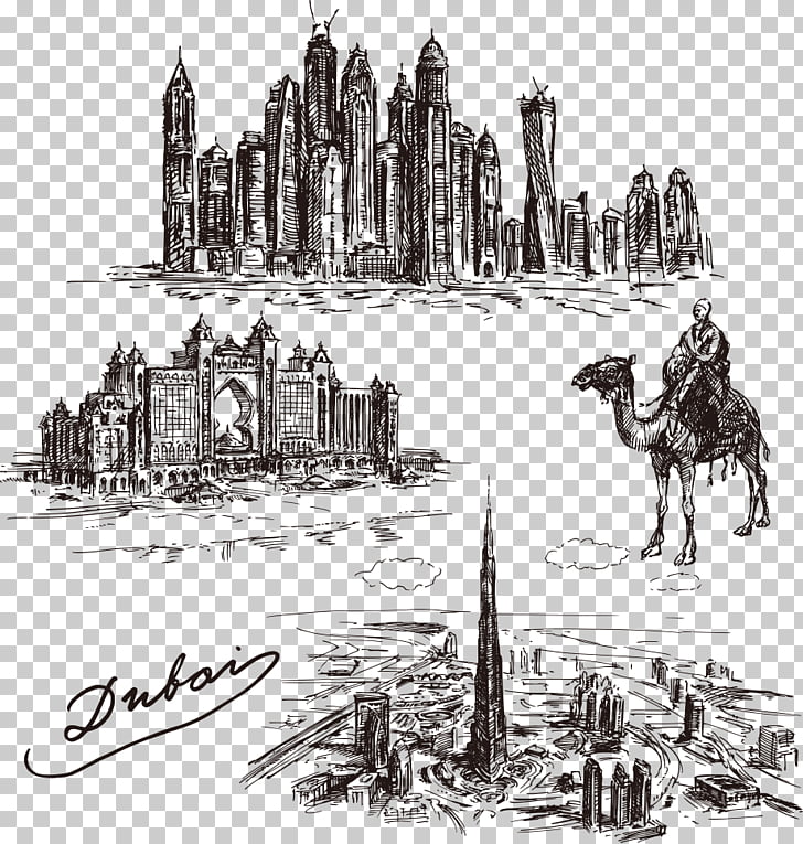 Dubai Drawing Skyline Illustration, Dubai sketch