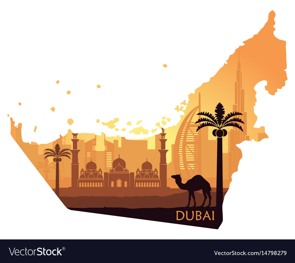 Map of the uae with the skyline of dubai the