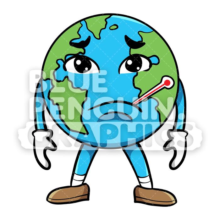 Earth Sick with Sad Face Vector Cartoon Clipart Illustration