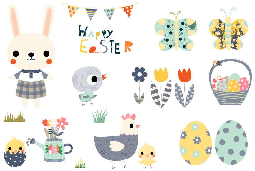 Cute Easter clipart set, Happy Easter design elements