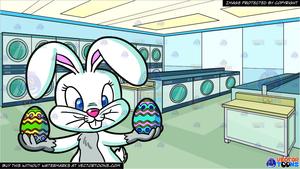 An Easter Bunny Holding Colorful Eggs and Inside A Modern Laundromat  Background