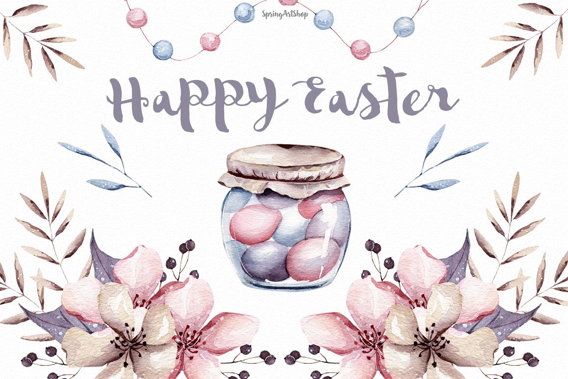 Happy Easter watercolor clipart Pastel flower illustration