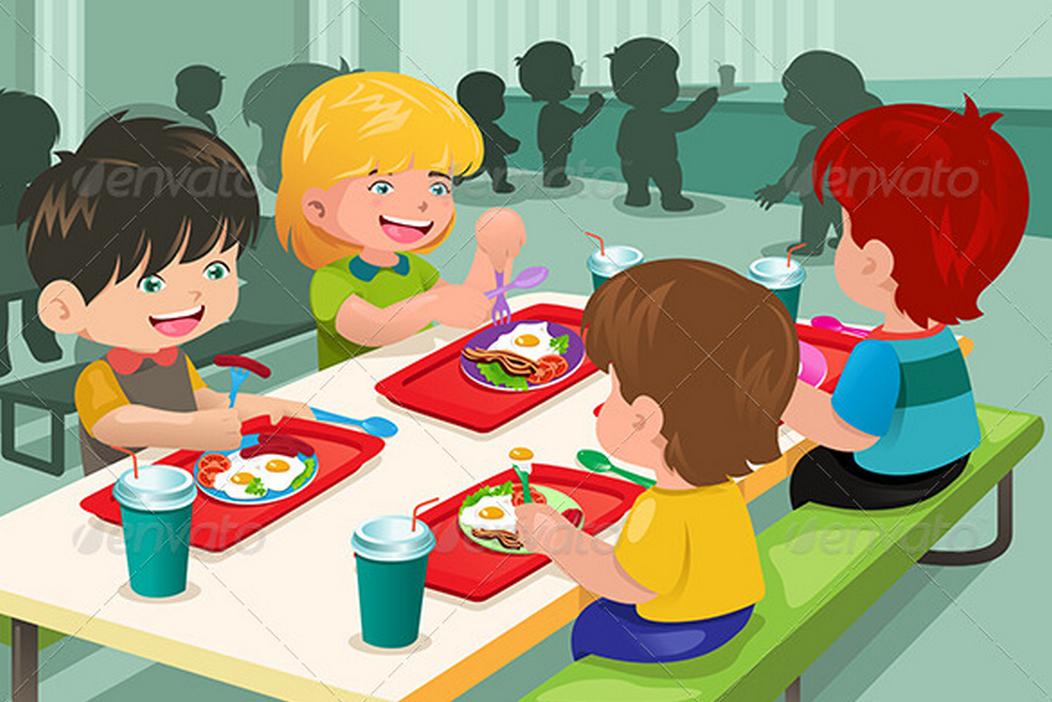 Cartoon kids eating at lunch table