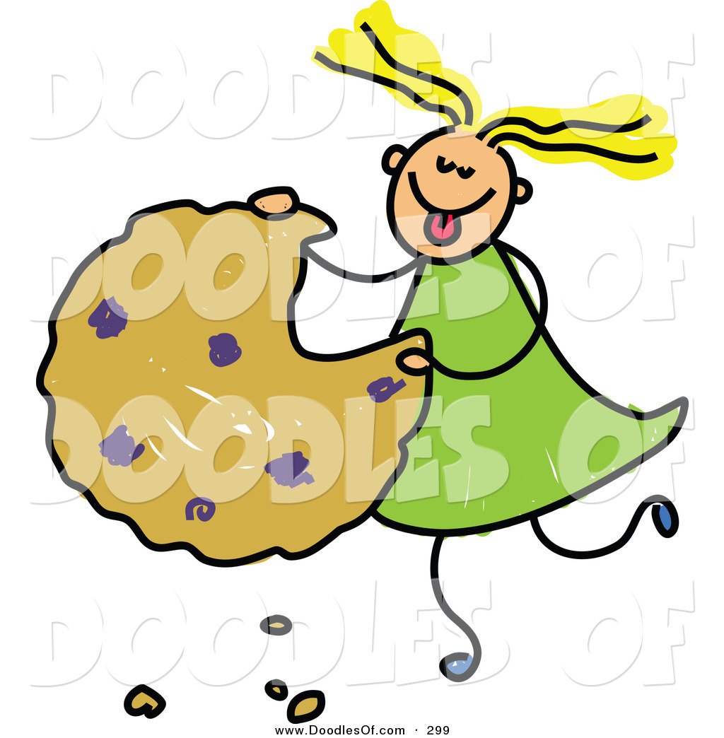 Vector Clipart of a Childs Sketch of a Happy Girl Eating a