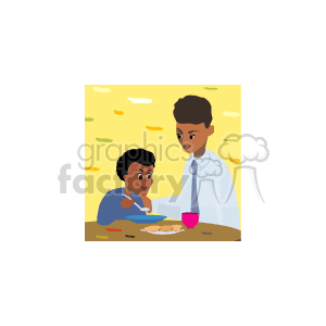 An african american father and son eating dinner clipart