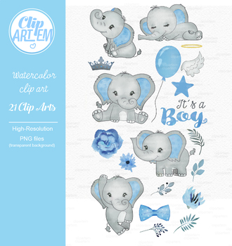 Blue gray its a boy elephant clipart crown star baby blue clipart