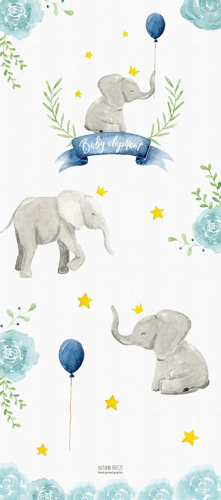 Watercolor baby elephant clipart, watercolor clipart