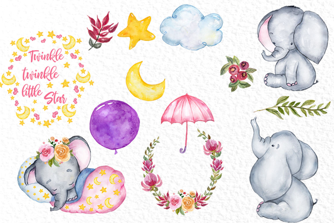 Cute Elephant clipart, WATERCOLOR ANIMALS, Baby shower