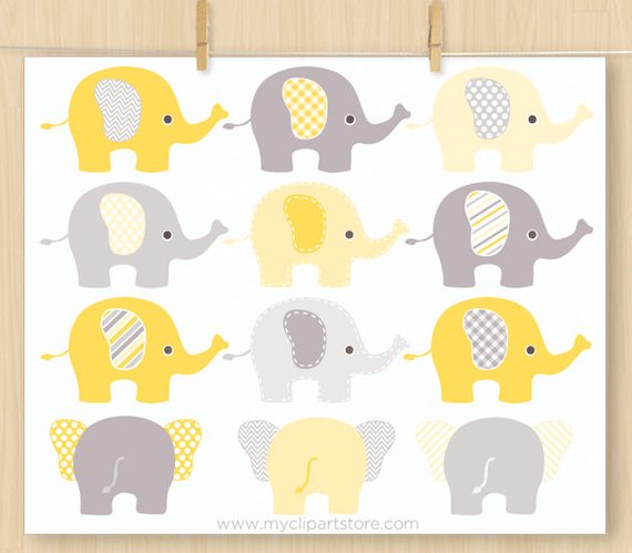 Yellow and Grey Elephants Clipart, silhouette, safari