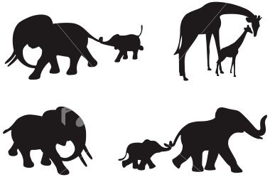 Four different silhouettes of African elephants and Giraffe