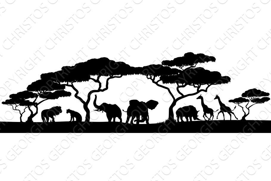 Silhouette African Safari Animal Landscape Scene