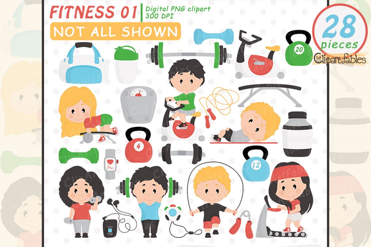 Cute fitness clipart, gym clip art set, workout design, yoga