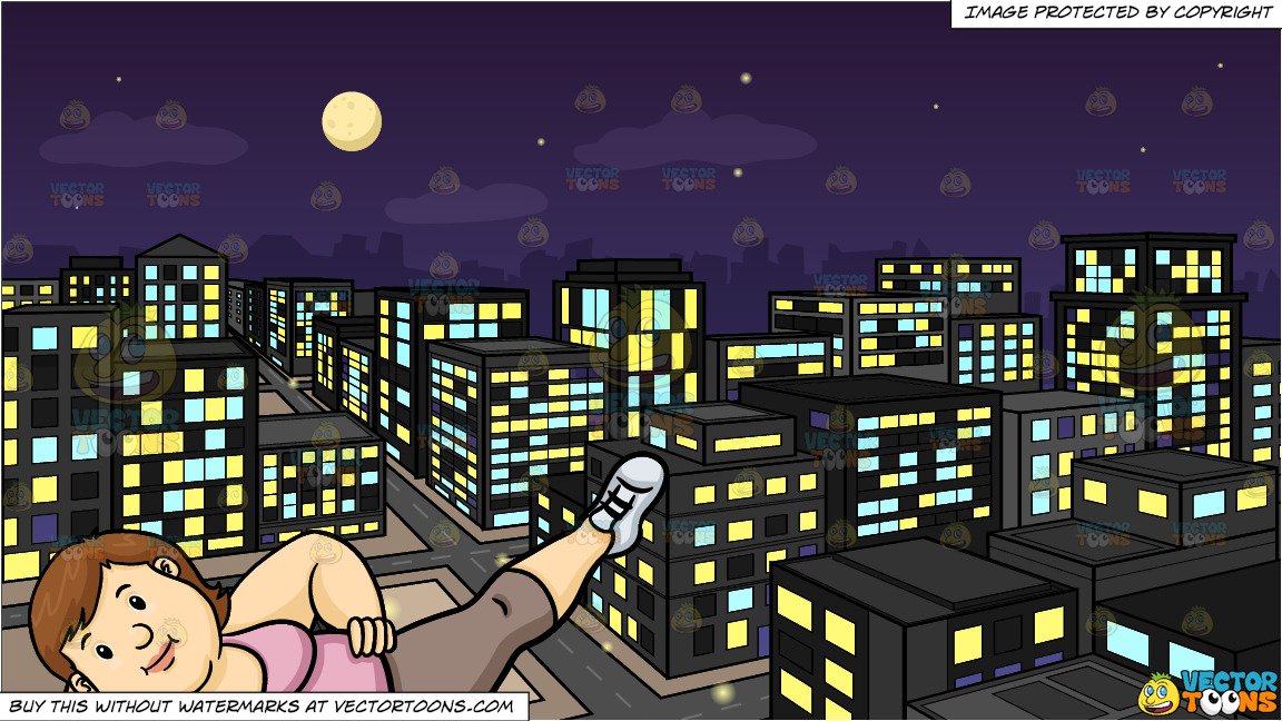 A Fat Woman Doing Some Side Leg Lift Exercises and A View Of The City From  A Top Of A Building At Night Background