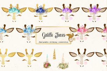 Giraffe face clipart, cute safari animal eyes, eyelashes, unicorn horns  clip art