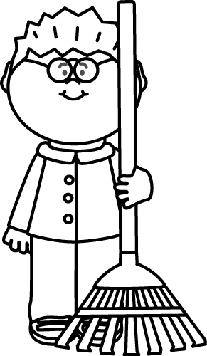 Black and White Boy with a Rake Clip Art