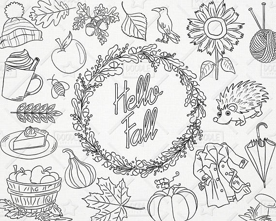 Doodle Hello Fall Vector Pack, Autumn Clipart, Fall Icons