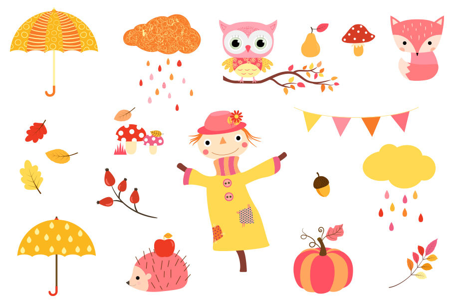 Cute fall clipart set, Kawaii autumn clip art, scarecrow
