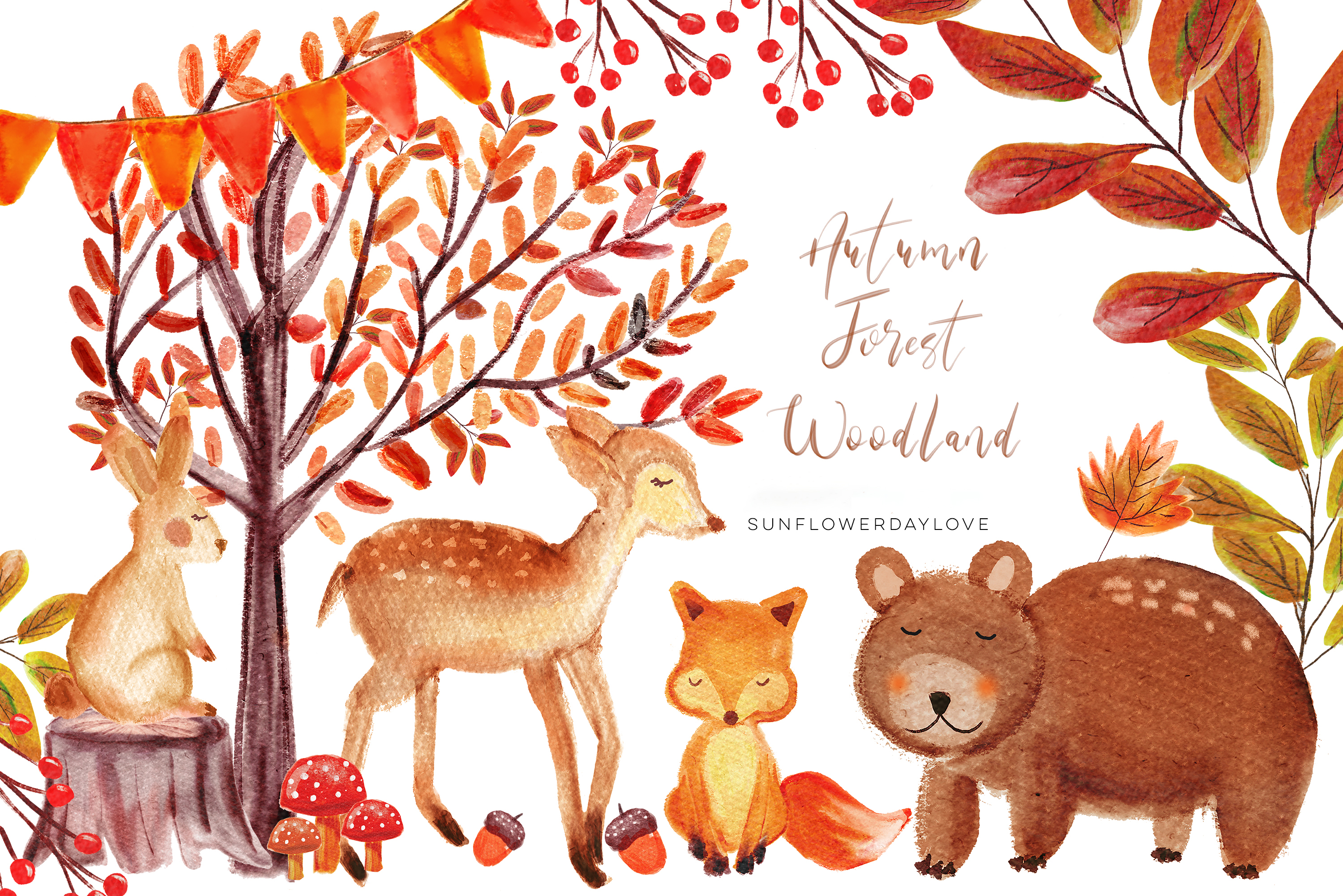 Autumn Forest Woodland clipart, Watercolor Bear deer Clipart
