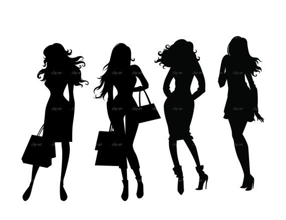 Fashion shopping girls silhouette digital clipart vector eps