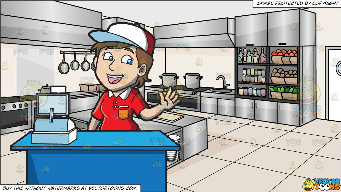 A Jolly Female Fast Food Cashier Worker and A Kitchen Restaurant Background