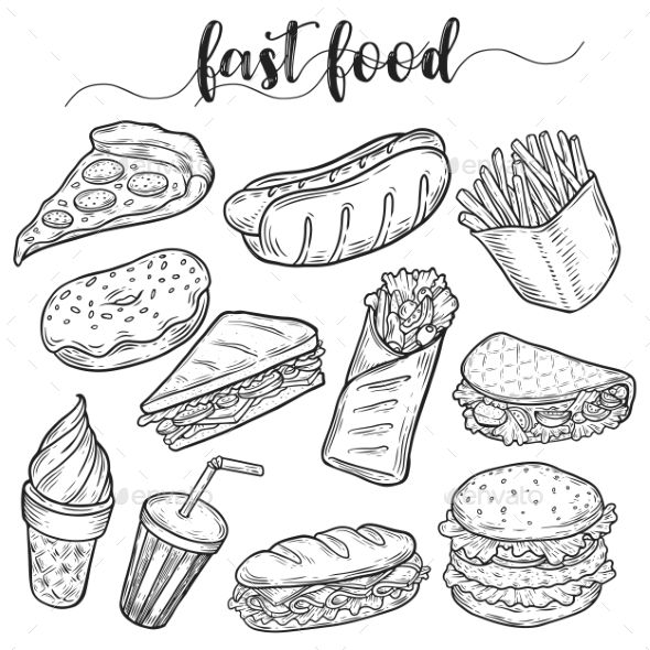 Set of isolated sketches of junk or fast food