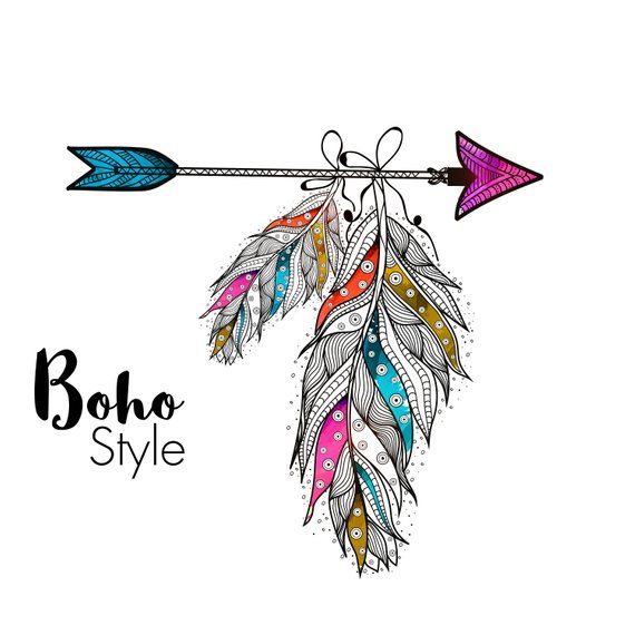 Boho style, arrow and feather clipart, design, pen vector