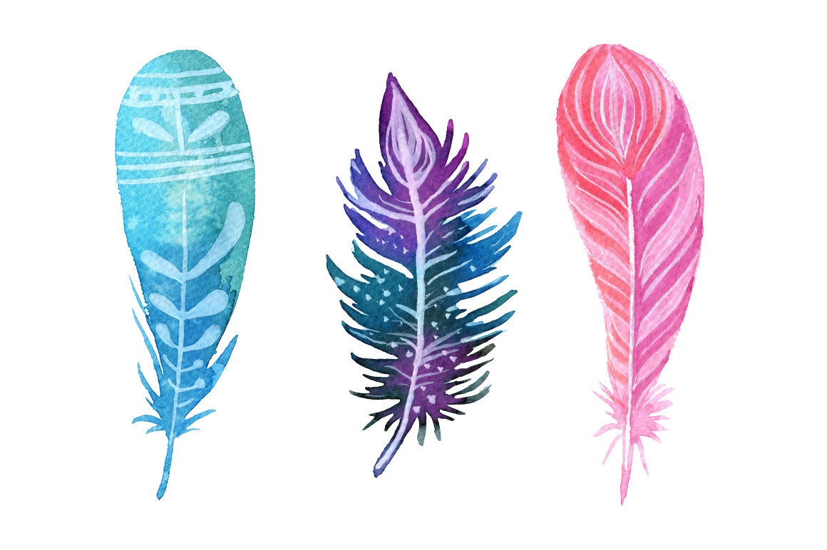 Watercolor Boho Feathers clipart set By Teploleta