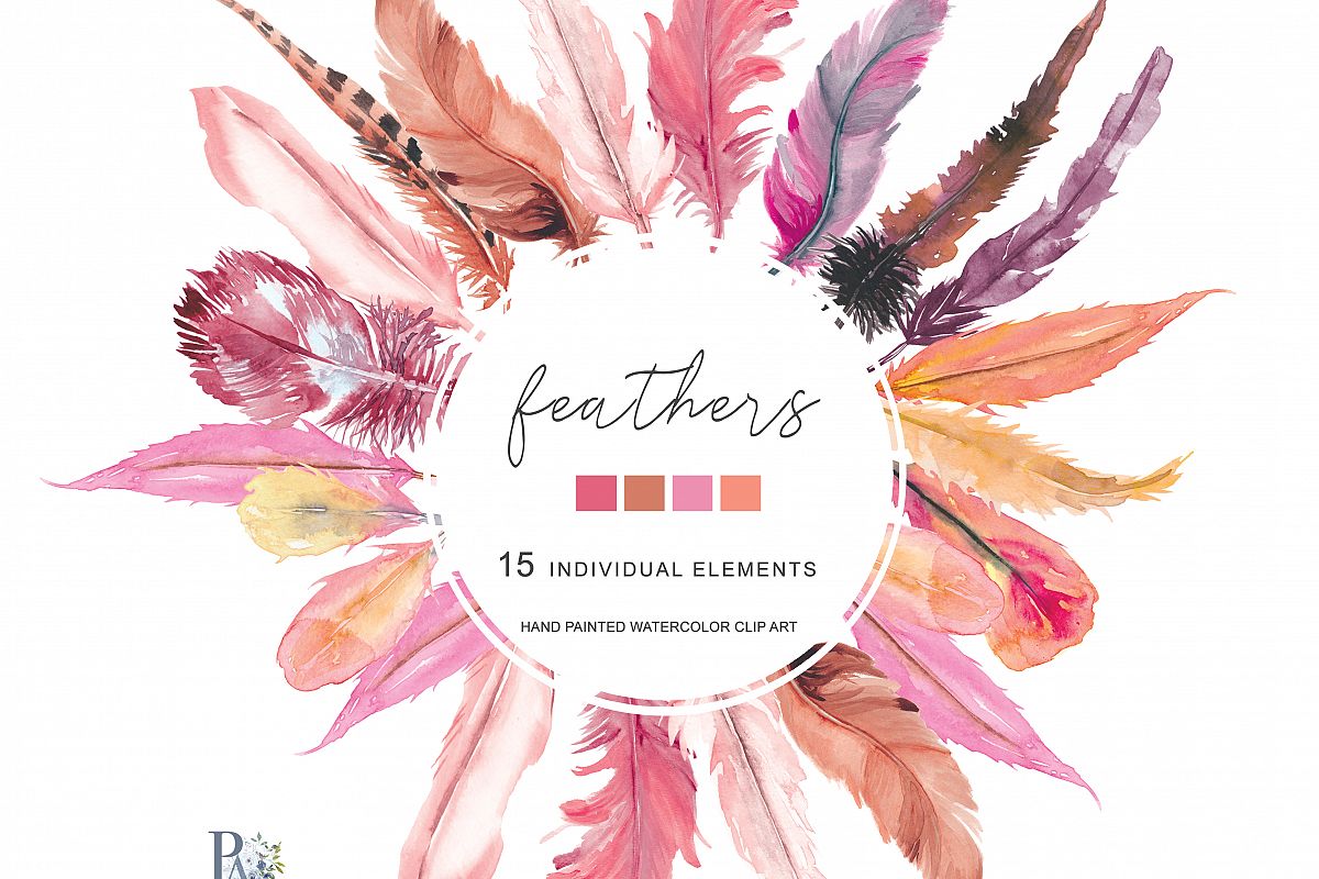 Watercolor Blush Pink Orange Feather Clipart