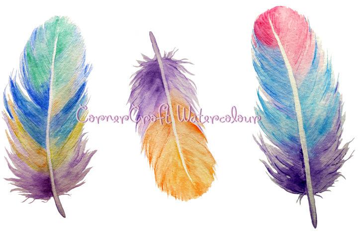 Watercolor feathers blue, green, red, yellow printable