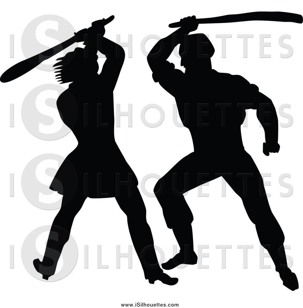 Clipart of Silhouetted Guys Fighting with Clubs by Prawny