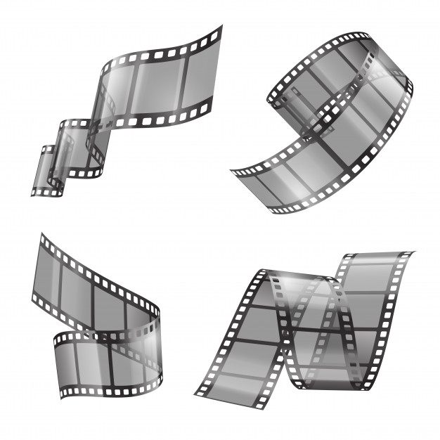 Realistic set of film strip, movie or photo tape, curved